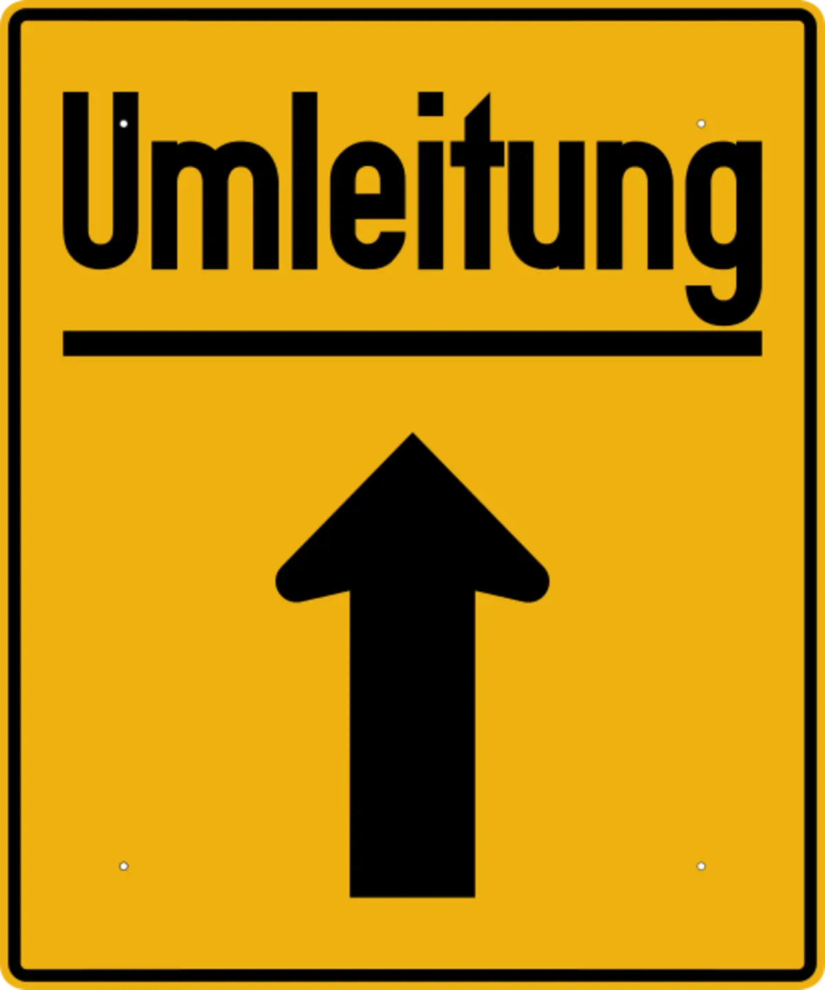 gelbes rechteckiges Umleitungsschild mit schwarzem Pfeil nach oben (geradeaus)