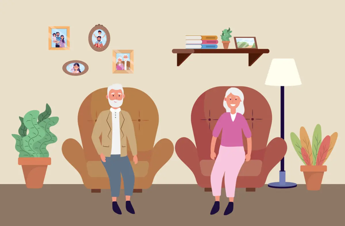 Grafik in freundlichen Farben mit einem alten Mann und einer alten Frau auf einem Sofa, umgeben von Pflanzen und Familienbildern an der Wand