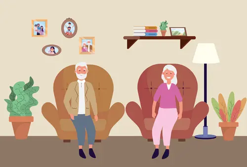 Grafik in freundlichen Farben mit einem alten Mann und einer alten Frau auf einem Sofa, umgeben von Pflanzen und Familienbildern an der Wand