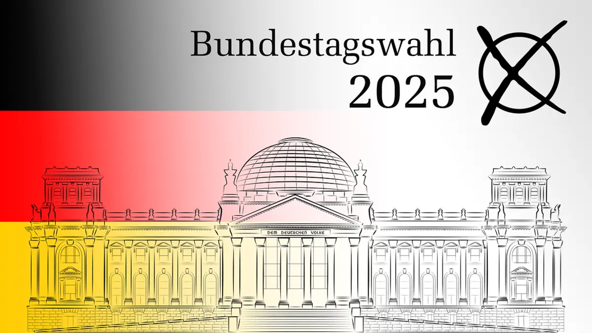 Grafik mit der Silhouette des Reichstagsgebäudes in Berlin und der Deutschen Flagge im Hintergrund sowie dem Schriftzug Bundestagswahl 2025 und einem Wahlkreuz