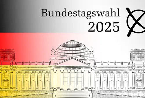 Grafik mit der Silhouette des Reichstagsgebäudes in Berlin und der Deutschen Flagge im Hintergrund sowie dem Schriftzug Bundestagswahl 2025 und einem Wahlkreuz