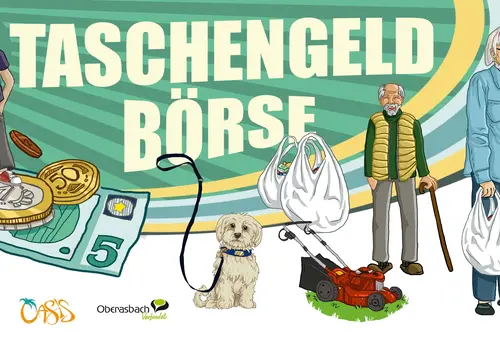 Zeichnung: Jugendlicher mit Beanie, Geldschein und Münze, Hund an der Leine, Rasenmäher, älterer Mann mit Spazierstock, ältere Frau mit Einkaufstasche