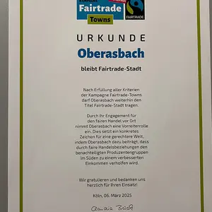 Urkunde für Auszeichnung Fairtrade Stadt