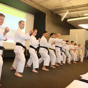 Mehrere Karatkämpfer stehen in einer Reihe für ine Showeinlage bereit.