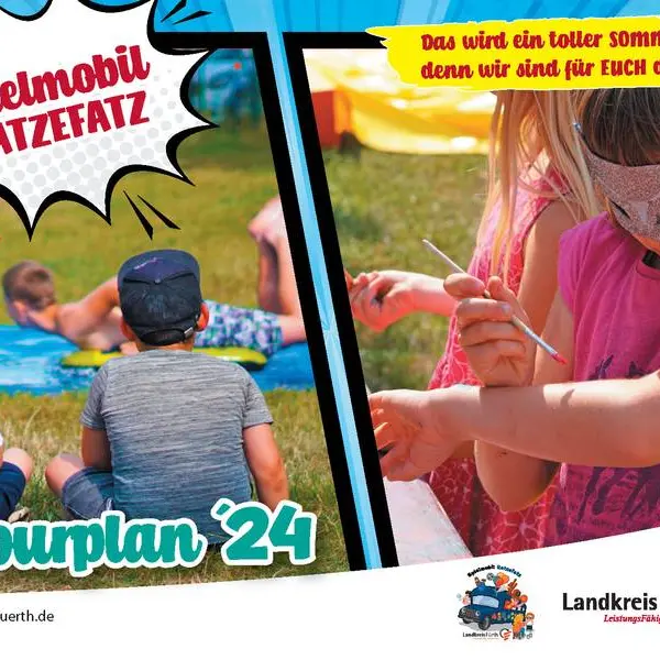 Flyer Spielmobil zeigt Kinder, die im Gras sitzen. Daneben, das Bild eines Kindes mit Maske, das seinen Arm mit Kinderschminke bemalt. 