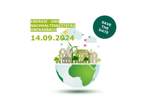 gezeichneter Globus / auf der oberen Hälfte ist eine stilisierte Stadt mit Windrädern und Bäumen zu sehen. Daneben der Text Energie- und Nachhaltigkeitstag Oberasbach / save the date 
