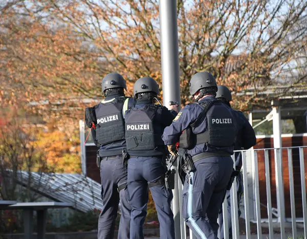 Polizeipersonen mit Helm und schusssicherer Weste von hinten