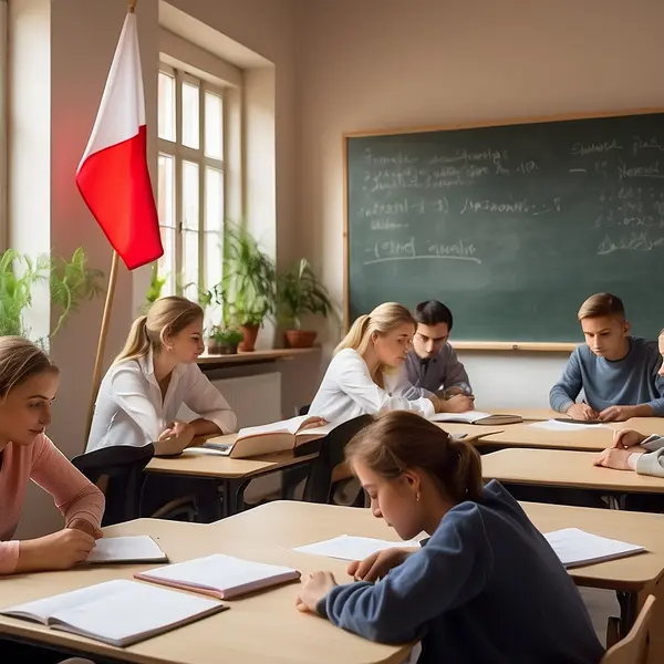 Symbolhafte Darstellung eines Klassenzimmers mit polnischer Flage und Schiefertafel; Schülerinnen und Schüler sitzen über aufgeschlagenen Büchern an Tischen. 