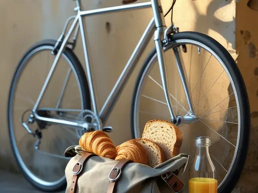 Fahrrad mit Aktentasche - vor und in der Aktentasche Frühstückszutaten