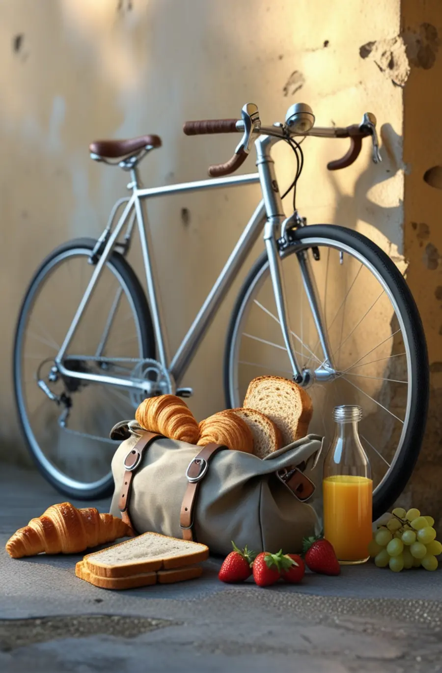 Fahrrad mit Aktentasche - vor und in der Aktentasche Frühstückszutaten