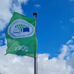 Eine Grüne Flagge weht vor blauem Himmel.