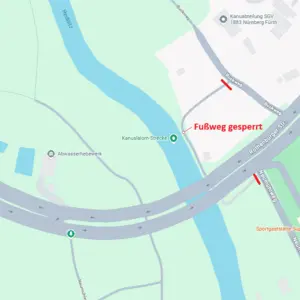 Kartenausschnitt mit Markierung des gesperrten Fußwegs auf Zirndorfer Seite