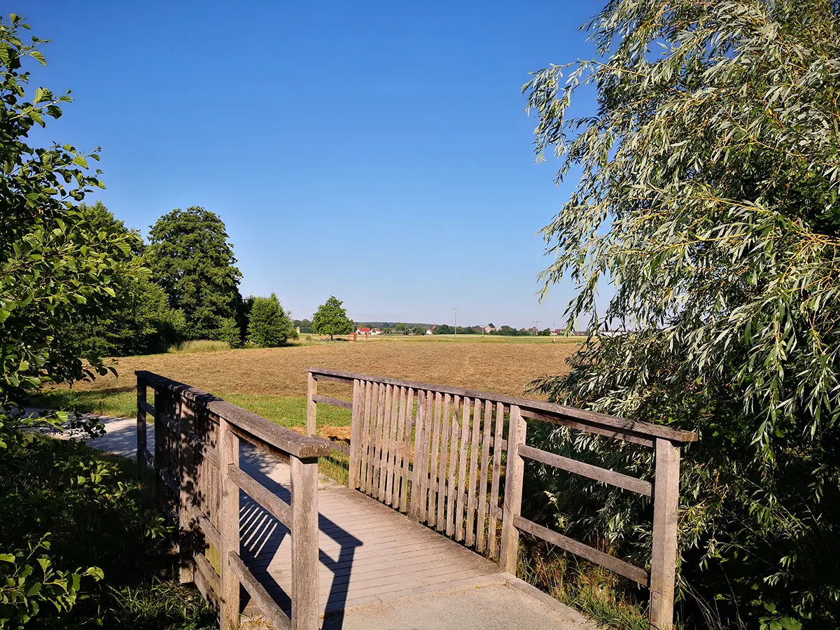 Holzbrücke im Vordergrund, dahinter gemähte Wiesen mit Heu darauf