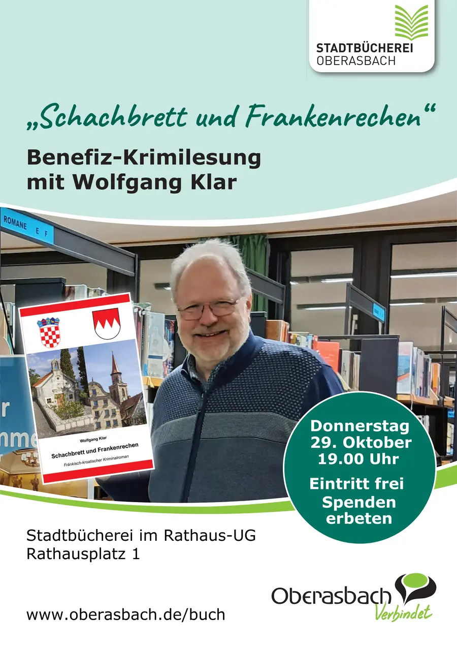 Bild eines Mannes mit weißen Haaren, Bart und Brille in der Bücherei, dazu der Buchtitel und der Lesungstermin