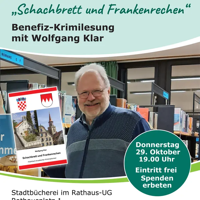 Bild eines Mannes mit weißen Haaren, Bart und Brille in der Bücherei, dazu der Buchtitel und der Lesungstermin 