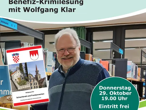 Bild eines Mannes mit weißen Haaren, Bart und Brille in der Bücherei, dazu der Buchtitel und der Lesungstermin 