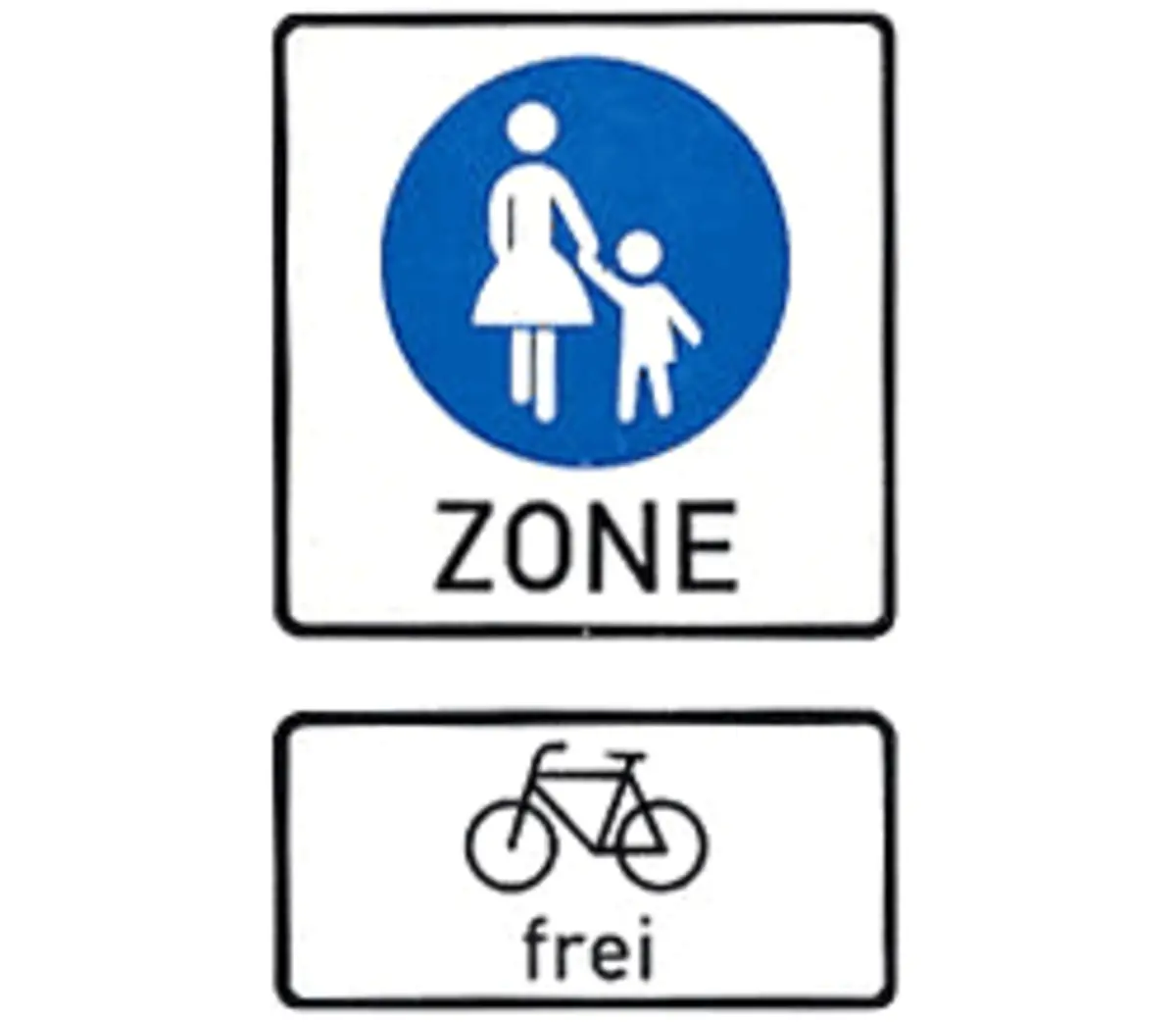 Verkehrszeichen Fußgängerzone mit Zusatzzeichen Radfahrer frei