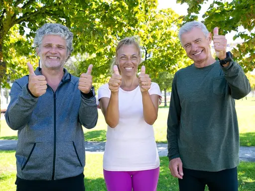 Zwei Männer und eine Frau mit grauen Haaren und Sportkleidung halten ihre hochgestreckten Daumen in die Kamera