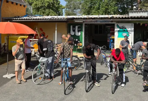 junge Männer unterschiedlicher Hautfarben schauen sich verschiedene Fahrräder an 