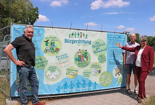 Zwei Männer und eine Frau vor einem Bauzaunbanner