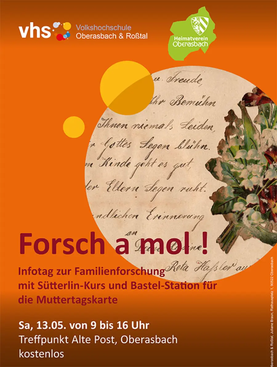vhs-Plakat zum Infotag Familienforschung: handschriftlicher Brief im Hintergrund und Termin im Vordergrund 