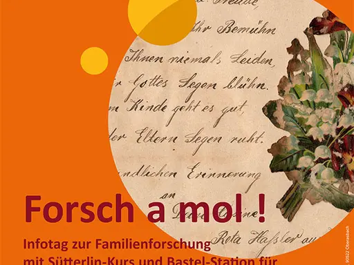 vhs-Plakat zum Infotag Familienforschung: handschriftlicher Brief im Hintergrund und Termin im Vordergrund 