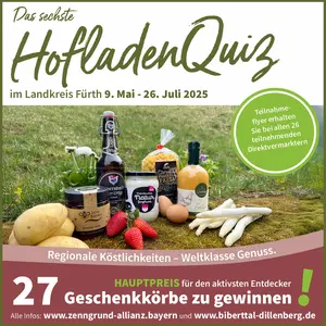 Der diesjährige Aufruf am HofladenQuiz teilzunehmen und einen der 27 Geschenkkörbe zu gewinnen.