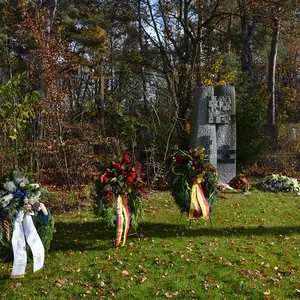 Die Kränze des VdK, der Bundesministerin der Verteidigung und der Bürgermeisterin der Stadt Oberasbach vor dem Mahnmal