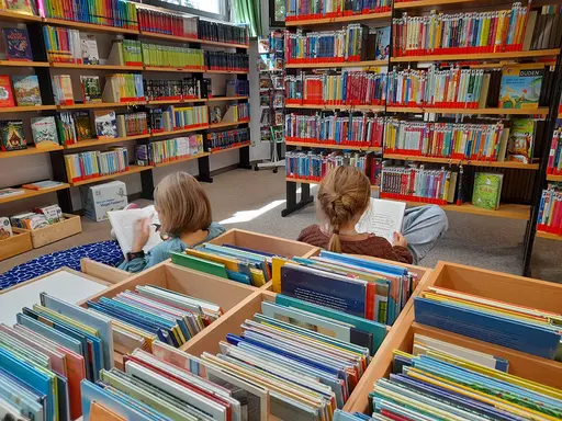 Zwei Mädchen sind mitten in der Bücherei und umgeben von Bücherregalen und dem Büchertrog in zwei Bücher vertieft.
