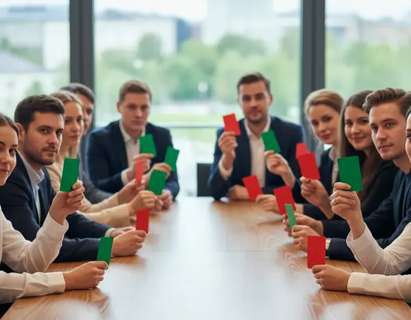 eine Gruppe von Menschen mit roten und grünen Abstimmungskarten an einem Tisch