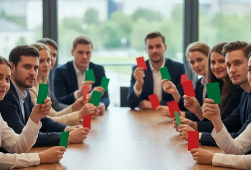 eine Gruppe von Menschen mit roten und grünen Abstimmungskarten an einem Tisch