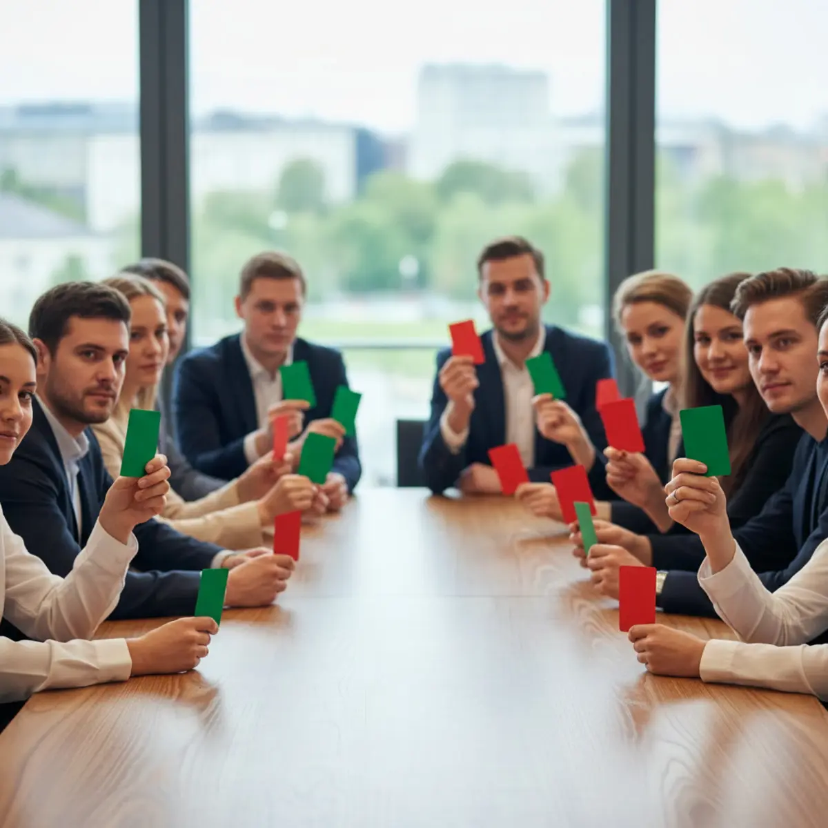 eine Gruppe von Menschen mit roten und grünen Abstimmungskarten an einem Tisch