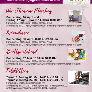 Plakat mit den Angeboten des Jugendnhauses OASIS während der Kinder- und JugendAktivWochen 2026