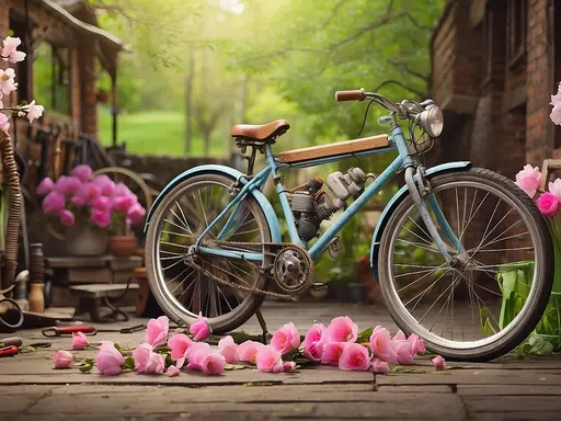Fahrrad vor grünem Hintergrund. Im Vordergrund liegen rosa Blüten 