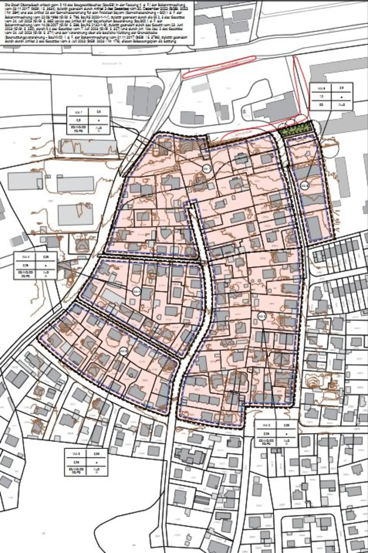Bebauungsplan mit Grünordnungsplan Nr. 22/1 „Linder Siedlung Nord“. Das ensprechende Gebiet ist rötlich markiert. 