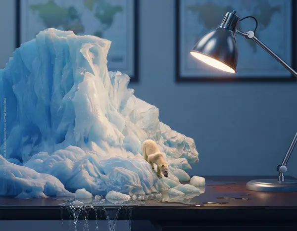 Auf einem Schreibtisch steht ein Eisberg mit einem Eisbär. Durch die Schreibtischlampe schmilzt das Eis. Titel Oberasbach macht's aus. Oben Logo WWF