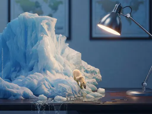 Auf einem Schreibtisch steht ein Eisberg mit einem Eisbär. Durch die Schreibtischlampe schmilzt das Eis. Titel Oberasbach macht's aus. Oben Logo WWF