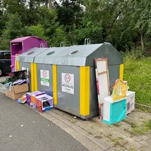 Blick auf einen Altglascontainer, vor dem Kartons, Kinderküchen, Flachbildschirme u.v.m. abgestellt wurden.