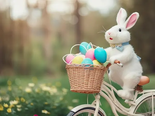 Weißer Osterhase auf Fahrrad. An der Lenkerstange hängt ein Weidenkorb mit bunten Eiern. 