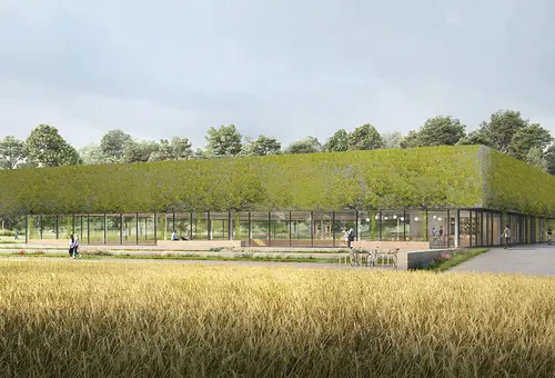 So soll die Dreifeldsporthalle mal aussehen: Umfangreiche Dachbegrünung, Glasfront und gute eingebunden in die umliegende Natur