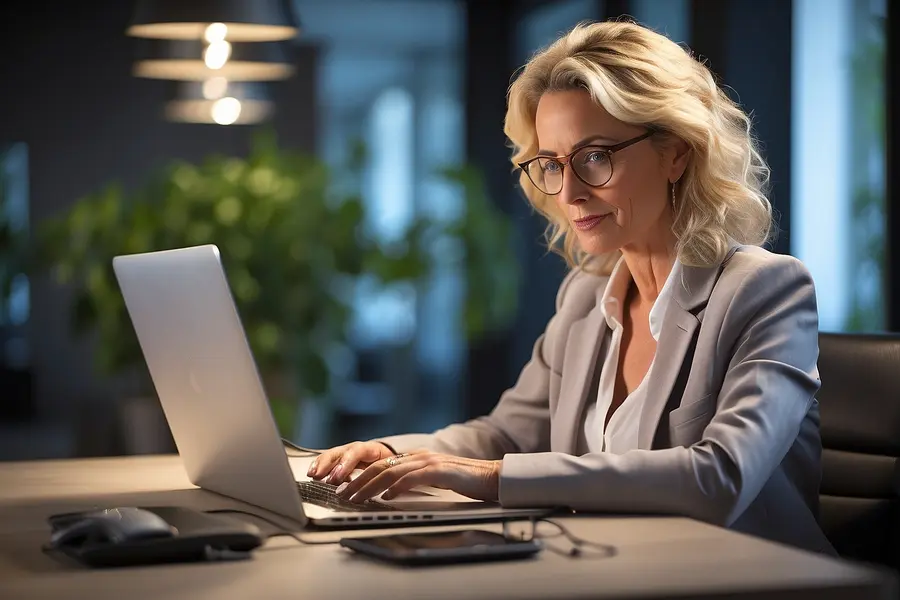 Zeichnung einer blonden Frau in grauem Jacket, die an ihrem Laptop Daten sichert. Neben dem Laptop liegt eine externe Festplatte 