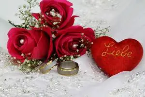 Bild mit Rosen, Trauringen und einem Herz