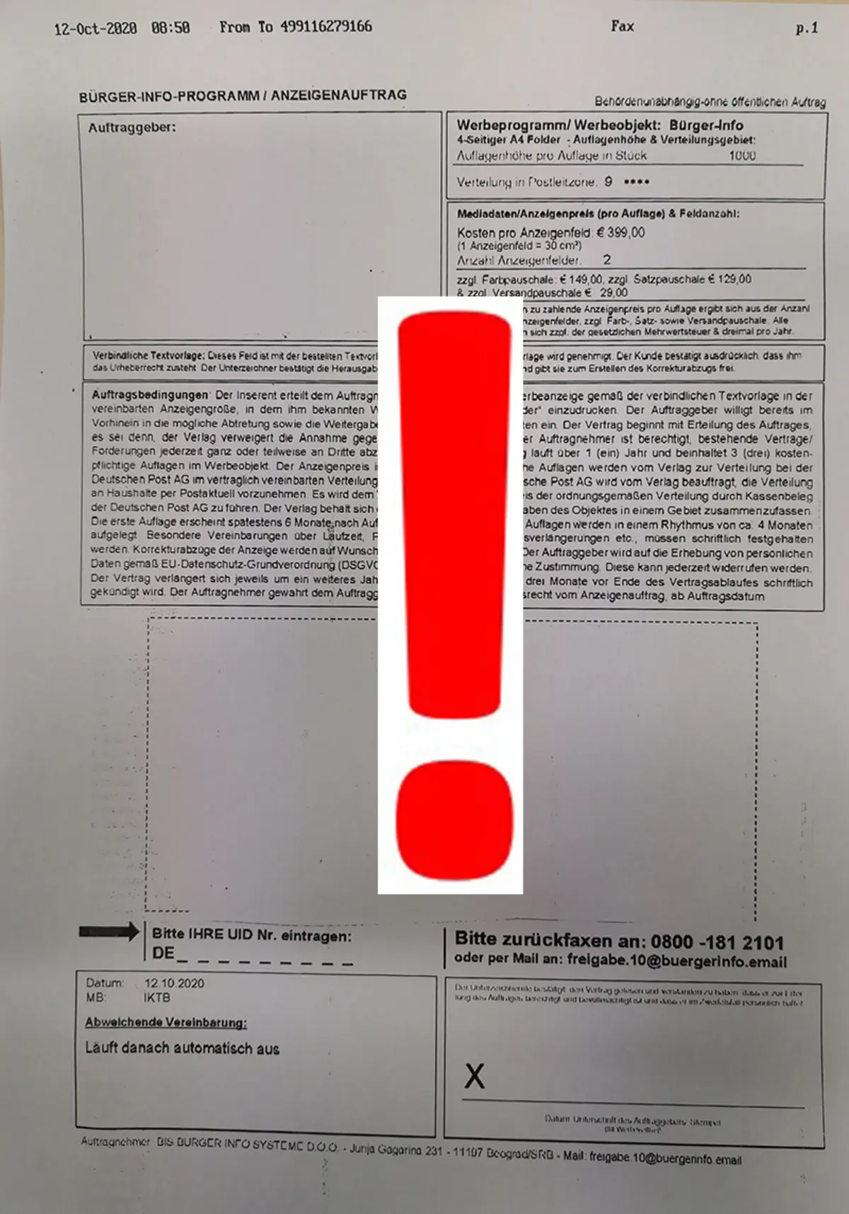 Bild zeigt ein Vertragsformular eines Belgrader Verlages, vor dem gewarnt wird.