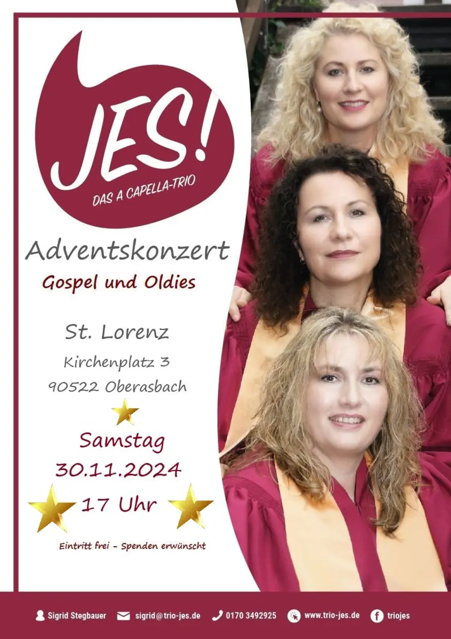 Drei Sängerinnen mit roten Kutten und gelben Schals; links im Plakat der Termin 