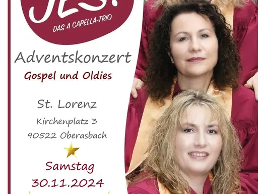 Drei Sängerinnen mit roten Kutten und gelben Schals; links im Plakat der Termin 