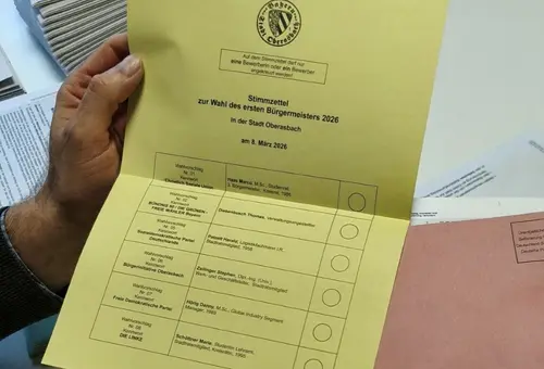 Eine Männerhand, die einen gelben Stimmzettel mit KandidatInnennamen fürs Bürgermeisteramt hält