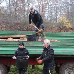 Schüler befüllen Kübel mit Hackschnitzeln 