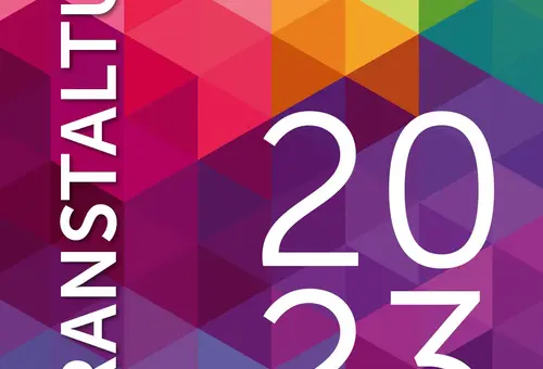 Flyer Vorderseite. Text Veranstaltungen 2023.