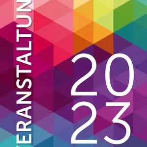 Flyer Vorderseite. Text Veranstaltungen 2023.