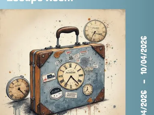 Plakat durch Raum und Zeit: Koffer und Uhren